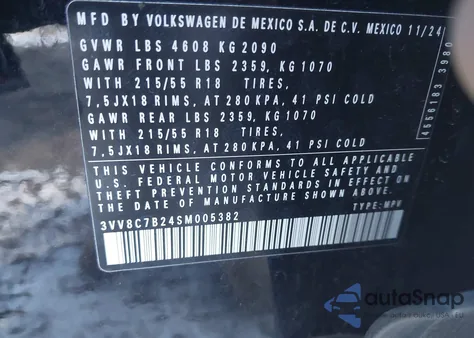 2025 Volkswagen Taos 1.5T S z USA, uszkodzony, nr VIN 3VV8C7B24SM005382